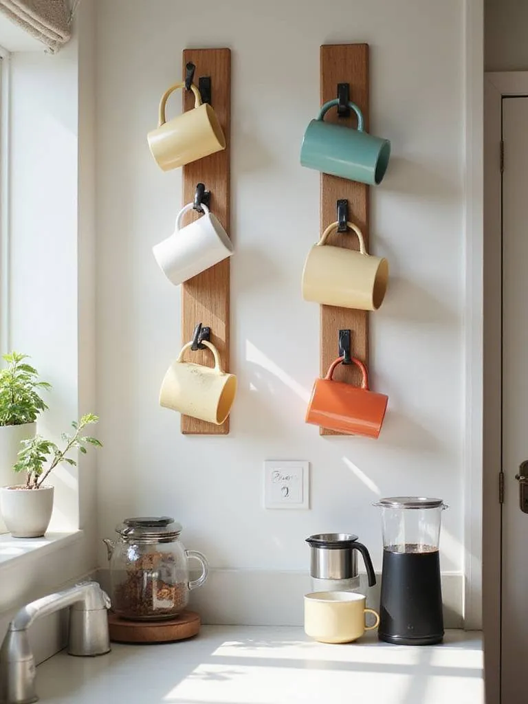 A bright kitchen with wall hooks displaying colorful mugs, enhancing organization and decor.