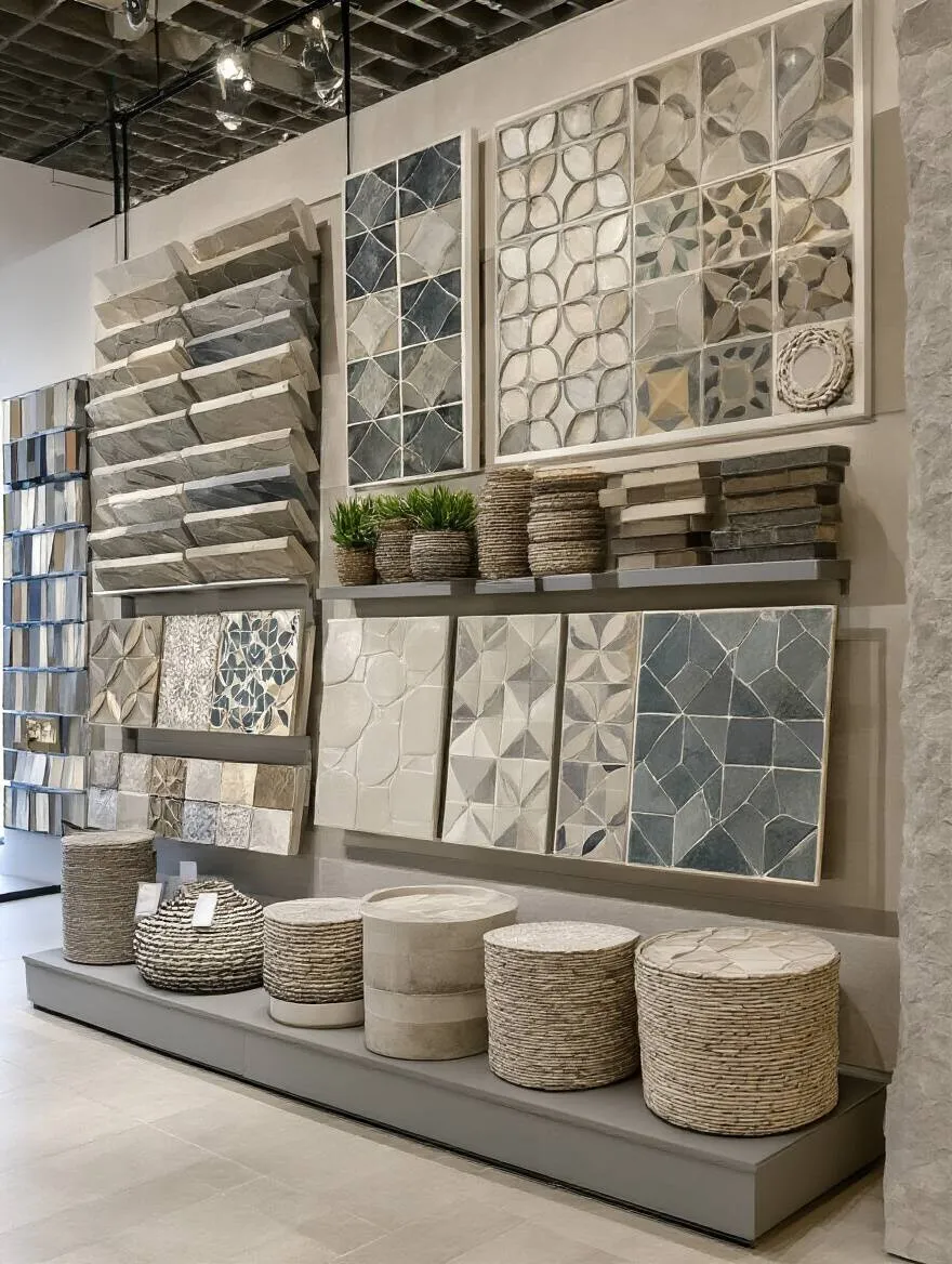 A display of various bathroom tiles showcasing colors and textures in a well-lit showroom.
