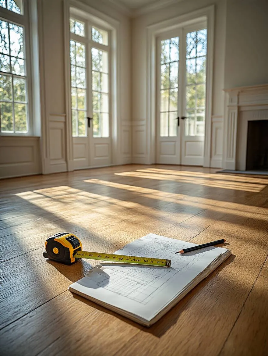 Empty living room floor with measuring tools including tape measure, notebook, and graph paper ready for room measurement