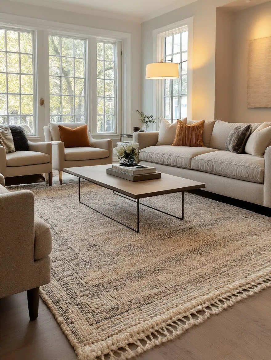 Professionally decorated living room with a perfectly sized rug anchoring the seating area