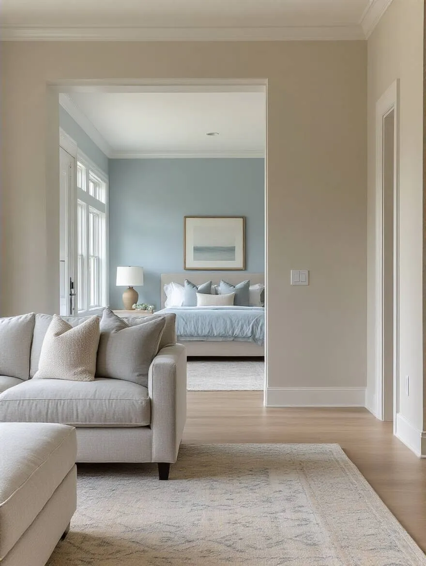Interior design showcasing room-to-room color continuity with soft grey and blue-grey tones.