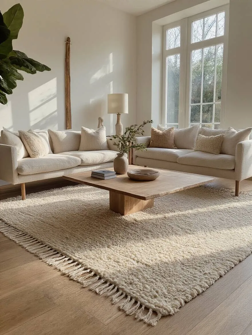 Living room with centered area rug under coffee table and sofa