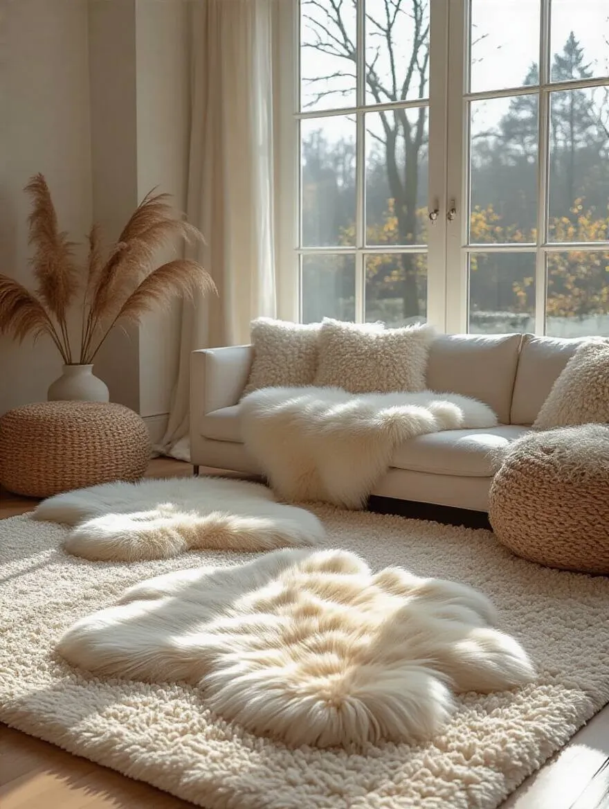 Living room with layered rugs showcasing varied textures and materials