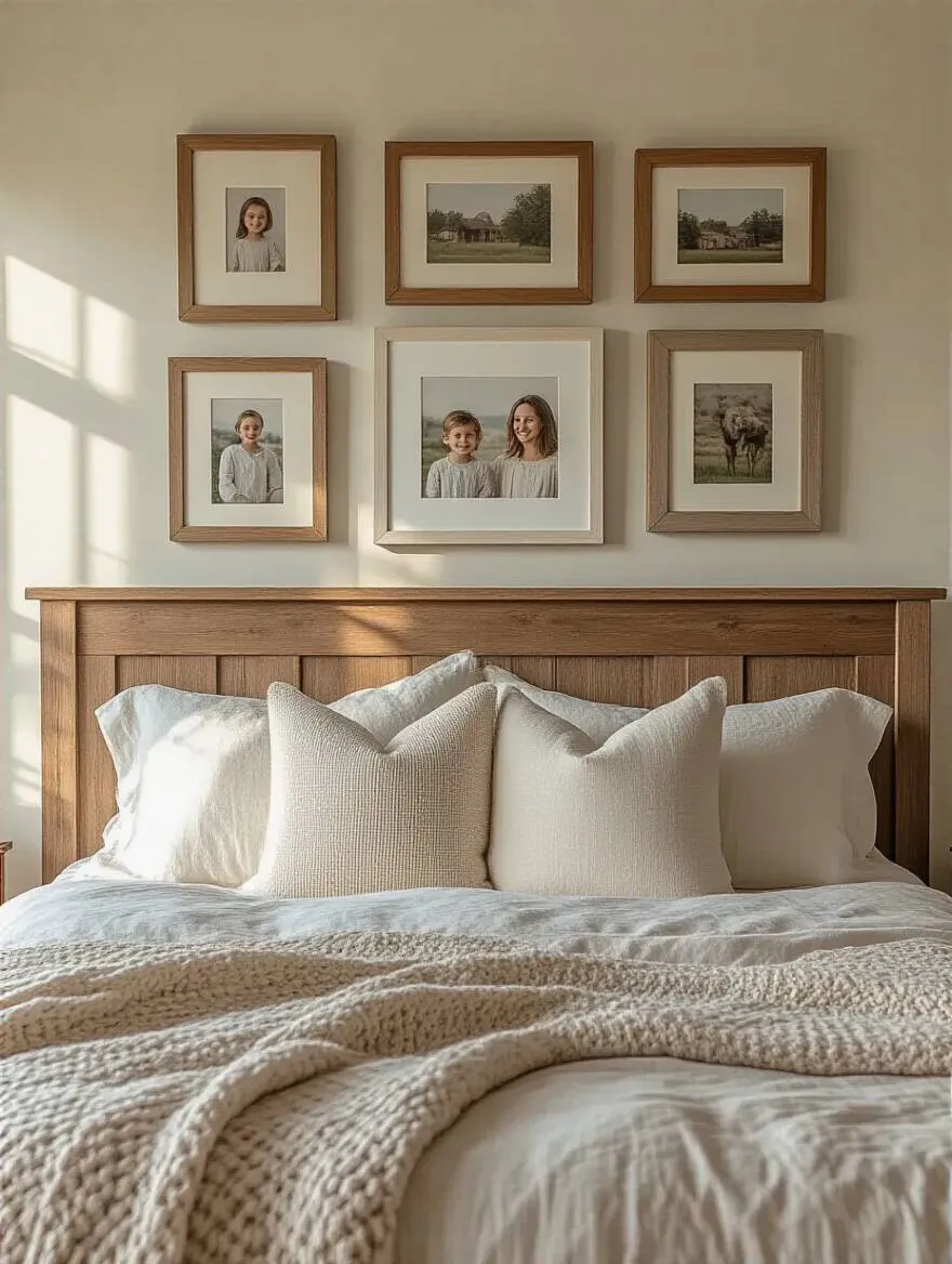 Farmhouse bedroom gallery wall with simple wooden and white frames displaying meaningful family photos