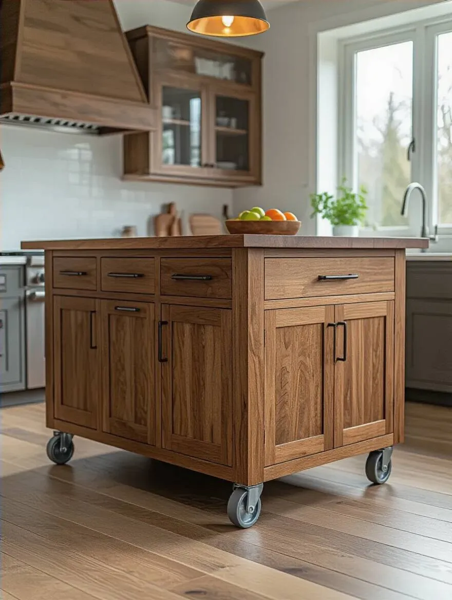 Wood kitchen island with heavy-duty mobile casters in modern kitchen, showcasing versatility and mobility