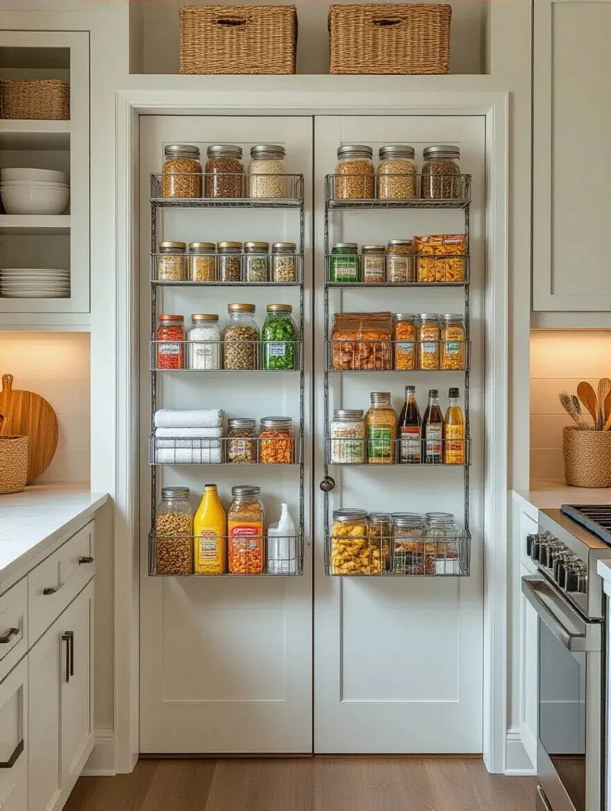 Portrait image of a kitchen pantry door with an over-the-door rack organized with pantry staples like spices and snacks