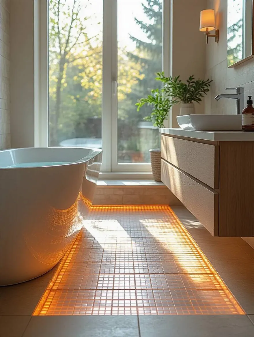 Modern bathroom with radiant floor heating under tiled floor, warm natural light, no people