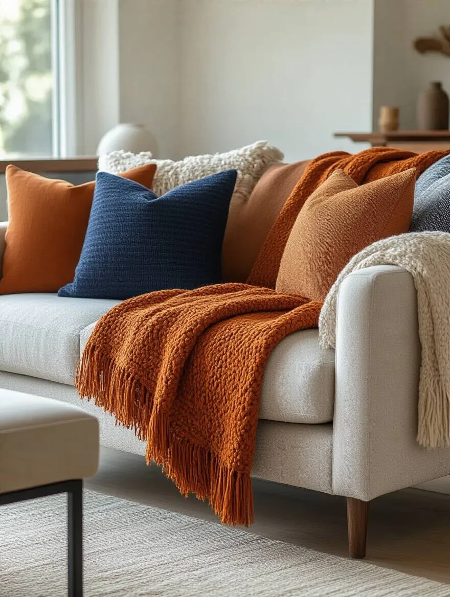 Cozy living room sofa with colorful throws and pillows arranged for comfort and style