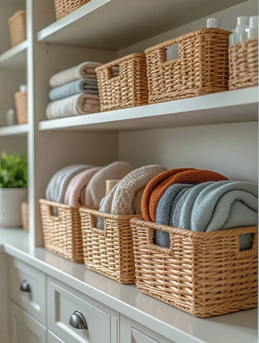 Organized kitchen shelf with under-shelf baskets filled with various items