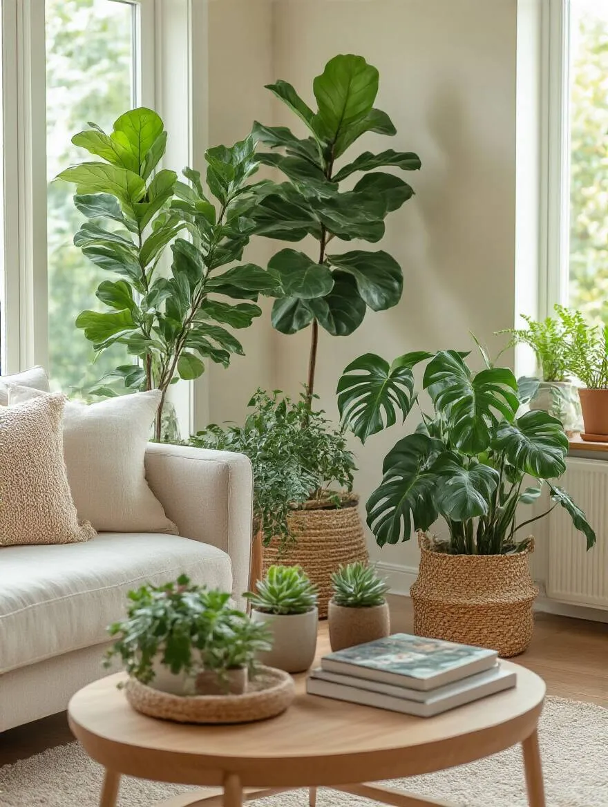 A cozy boho living room filled with plants of varying heights, including a tall Fiddle Leaf Fig and small succulents.