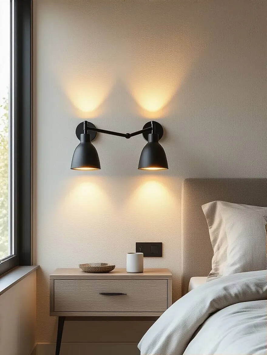 Modern bedroom corner with matte black swing-arm wall sconces casting warm ambient light above a nightstand