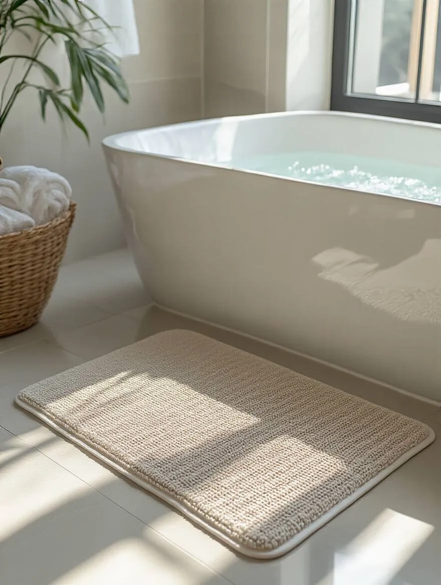 Close-up of a textured, non-slip bath mat on a bathroom floor next to a bathtub