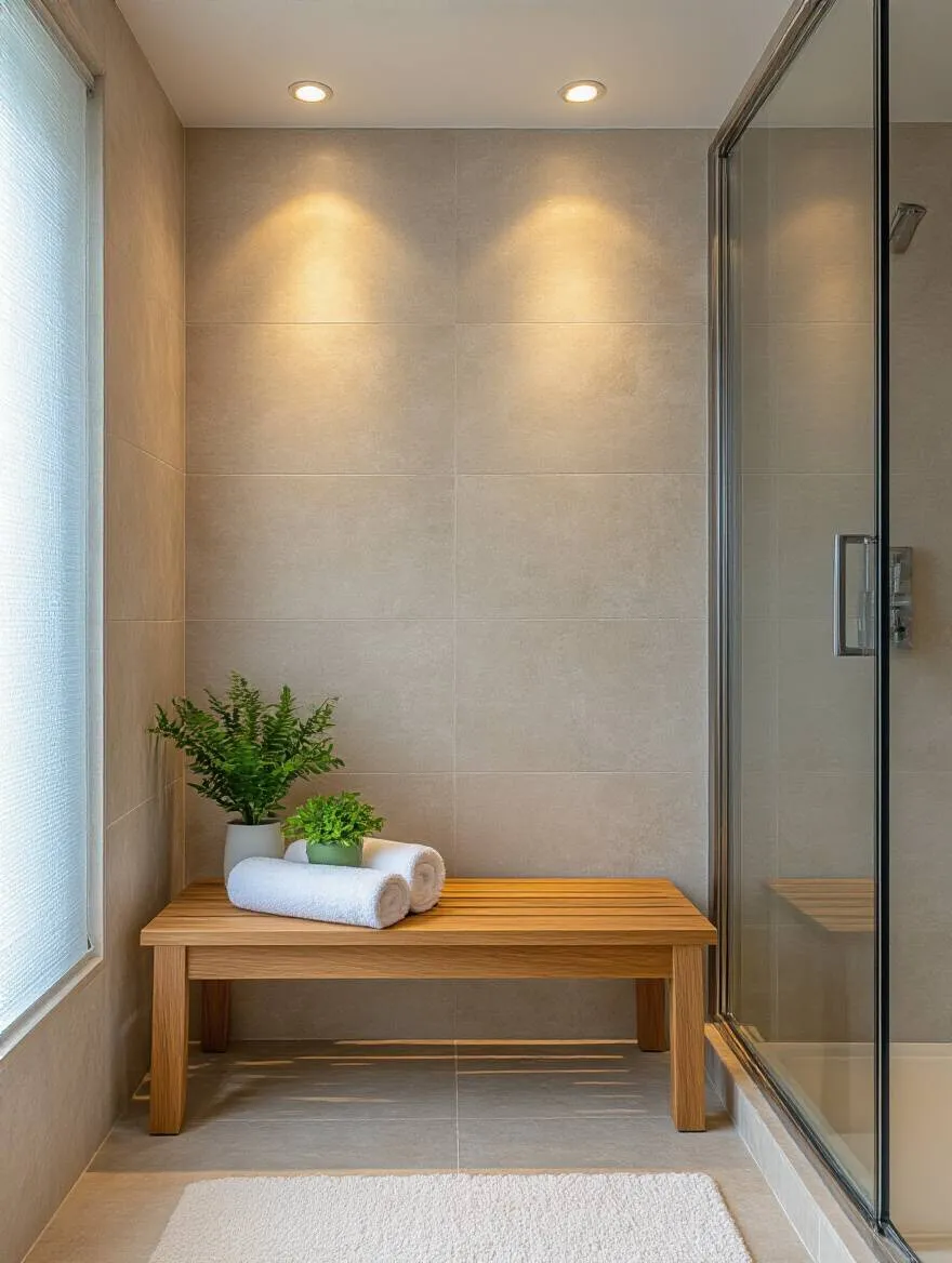 Small teak bench in modern bathroom near walk-in shower with towel and plant