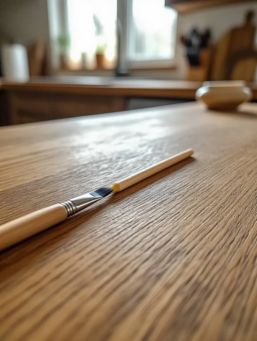 Close-up portrait photo of wood kitchen island surface being repaired for scratches and dents with touch-up markers and wax sticks, natural warm lighting