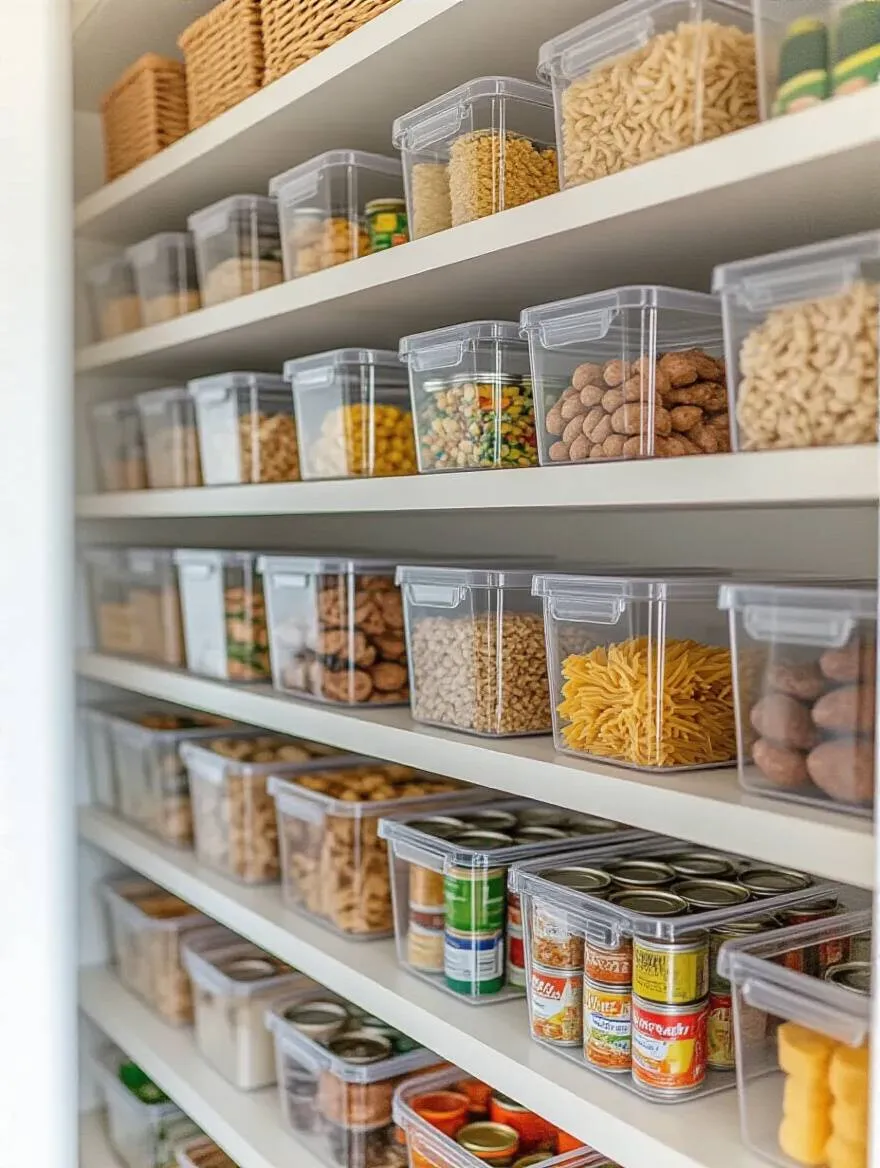 Organized kitchen pantry with clear storage bins showcasing visible contents for easy identification