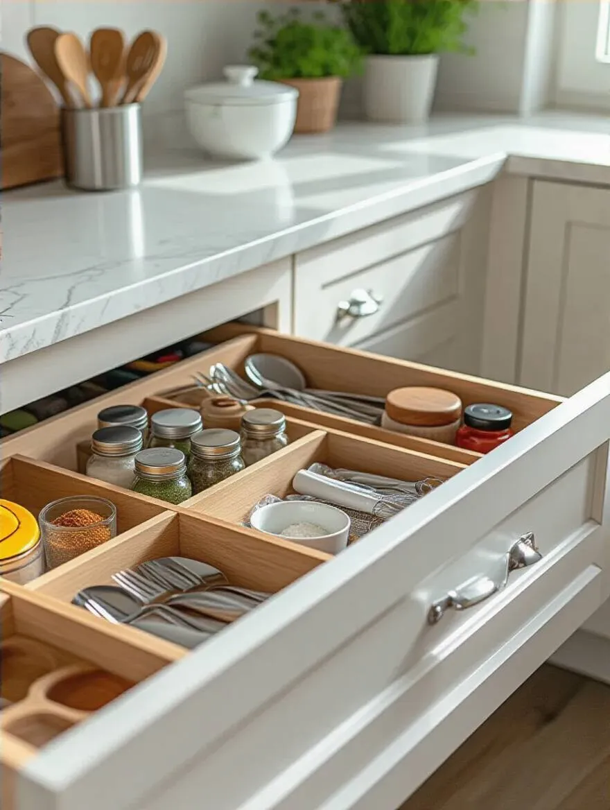 Organized kitchen drawer with labeled compartments showing spices and utensils neatly stored