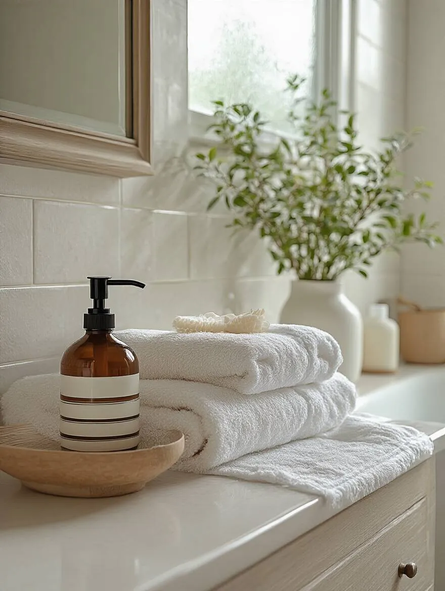 A clutter-free minimalist bathroom with organized items on a vanity.