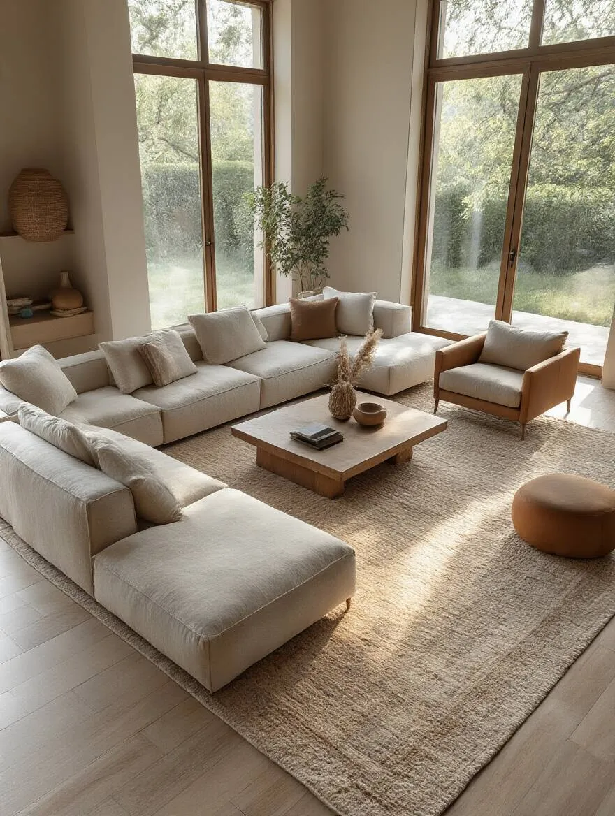 Living room with furniture anchored on a large area rug