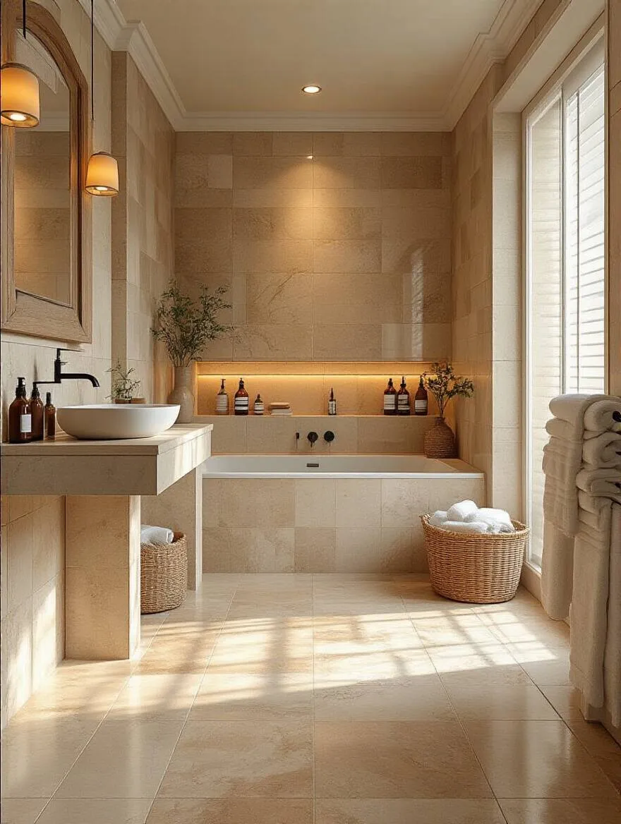 An organized bathroom displaying various tile types emphasizing ease of cleaning and maintenance