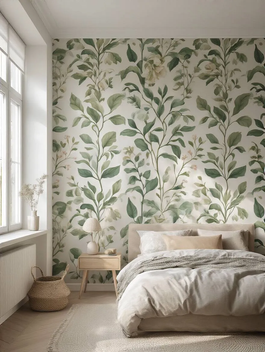 Modern bedroom featuring a full wall covered with botanical removable wallpaper mural, bright and minimalistic setting