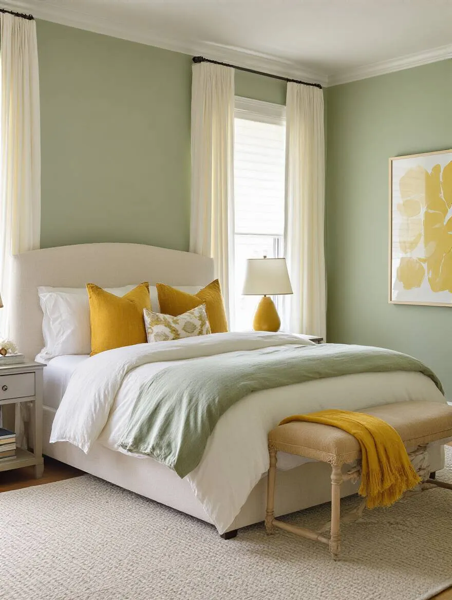 Serene bedroom interior showcasing the 60-30-10 color rule with soft sage green walls, ivory bed, and mustard yellow accents.