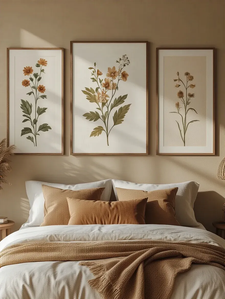Bedroom wall with three framed botanical prints arranged using the Rule of Odds for a balanced and pleasing gallery wall