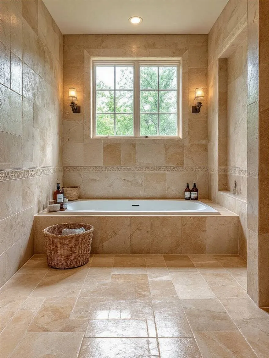 A professional photo of a sealed natural stone bathroom tile, highlighting the beauty and cleanliness of grout lines.