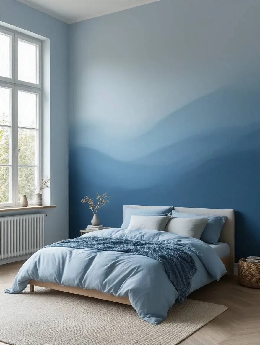 Portrait image of a blue bedroom featuring a smooth ombre gradient blue wall transitioning from light to dark blue for dynamic depth