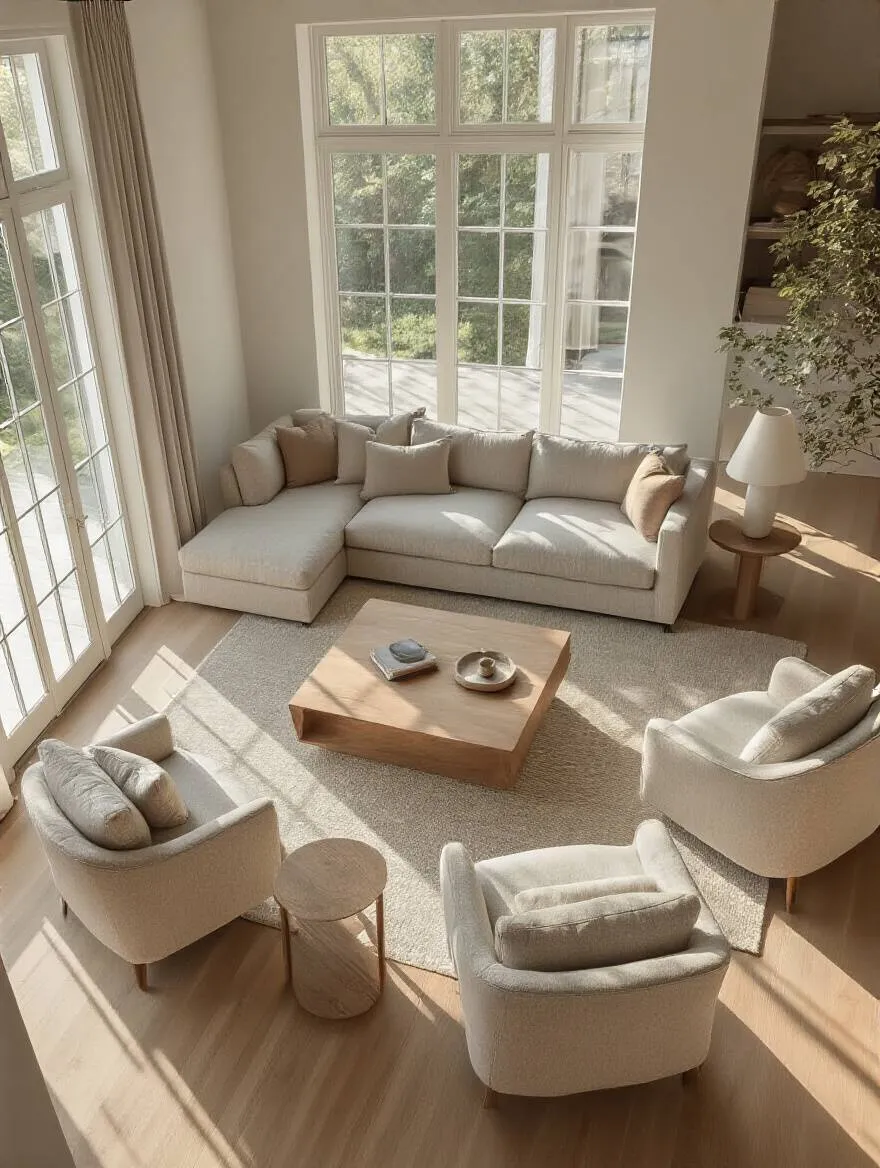 Living room with U-shaped sofa and armchair seating arranged for natural conversation, no people