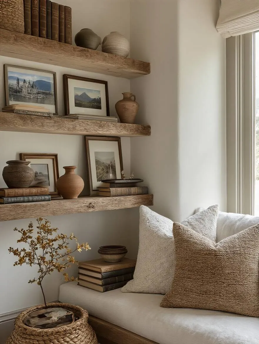 Master bedroom corner with thoughtfully arranged personal decor pieces including framed photos, antique books, and handcrafted pottery on floating shelves