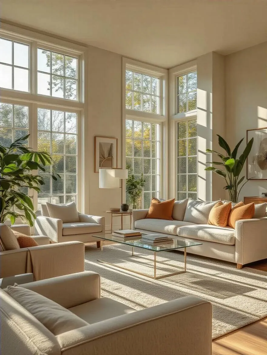 Living room interior showing furniture arranged strategically based on natural light and room orientation with sunlight streaming through large windows
