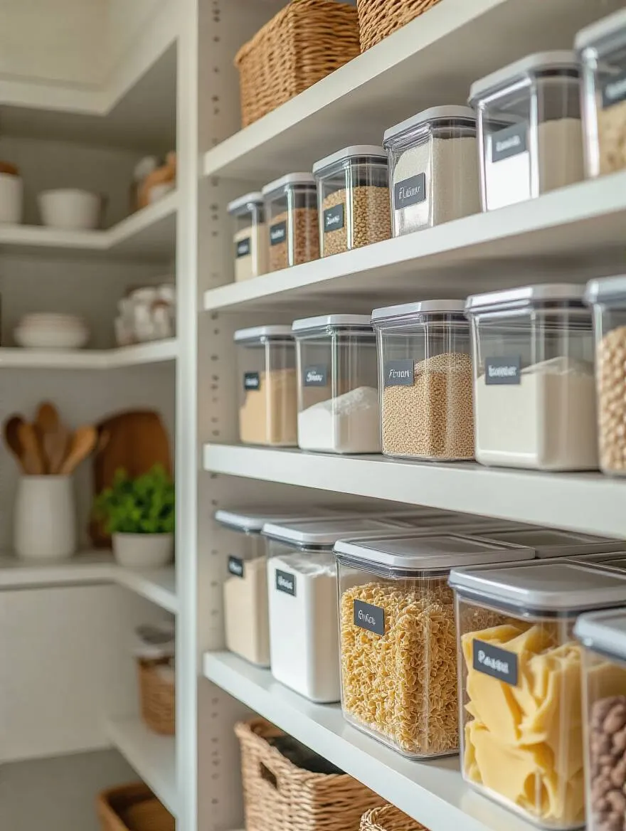Neatly organized kitchen pantry with clear airtight containers after seasonal audit, showcasing optimized kitchen supplies for efficient cooking