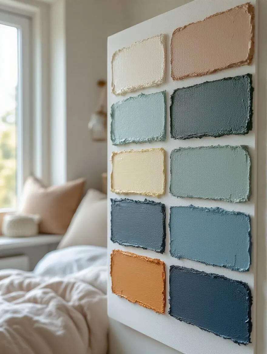 Bedroom wall with paint swatches displayed on a foam core board in natural light