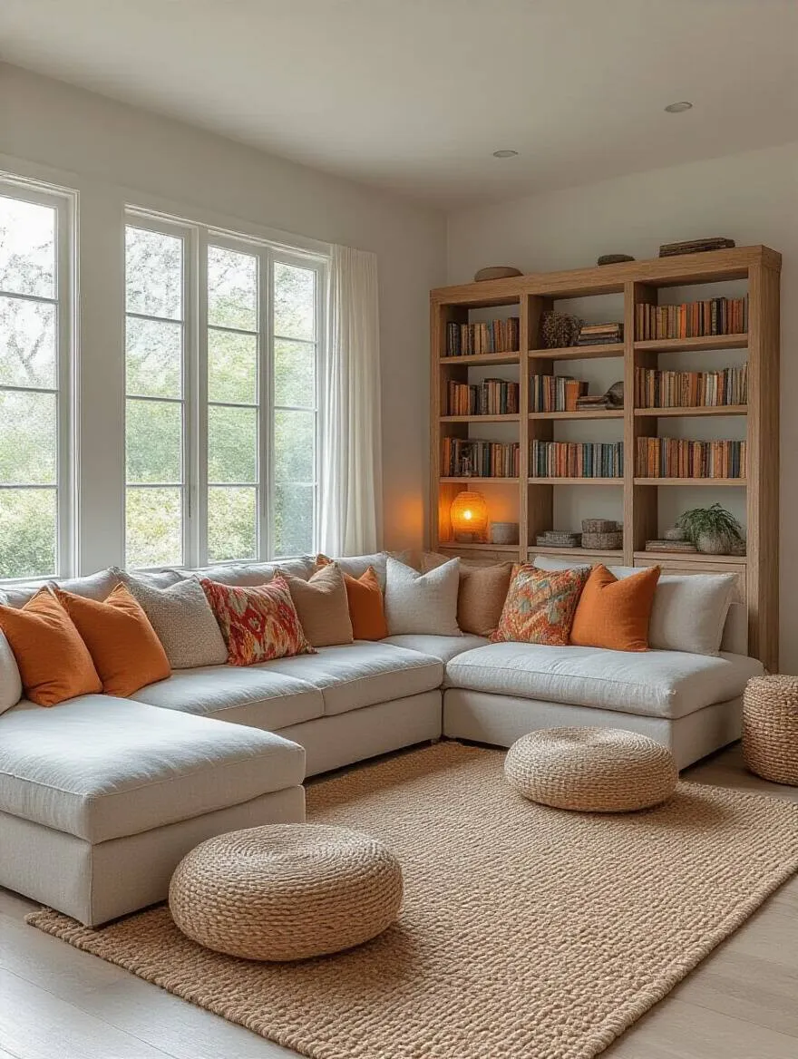 Boho living room with defined areas for lounging and reading, showcasing a seamless balance of openness.