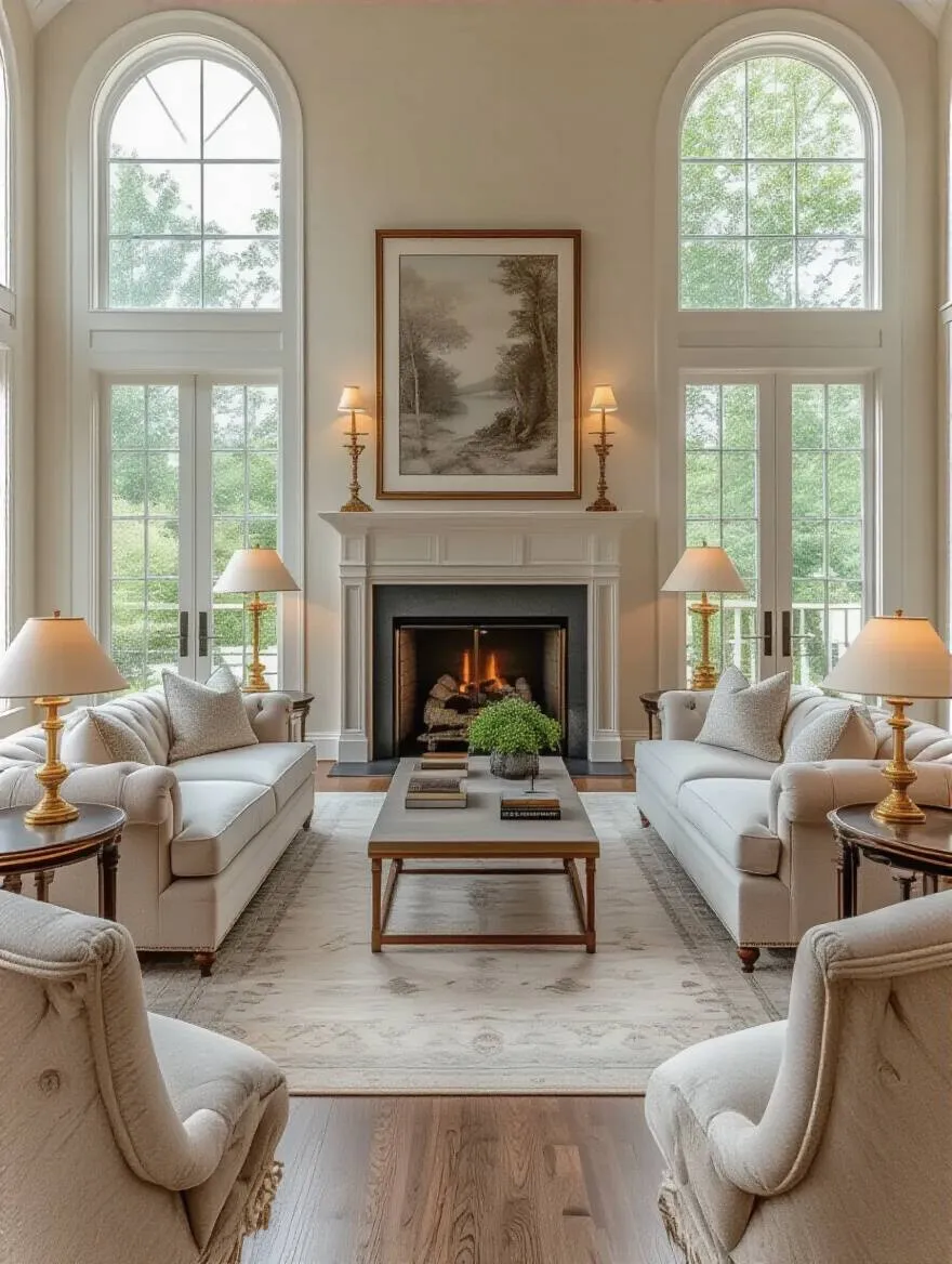 Balanced living room furniture layout with symmetrical sofas and asymmetrical decorative elements around a fireplace
