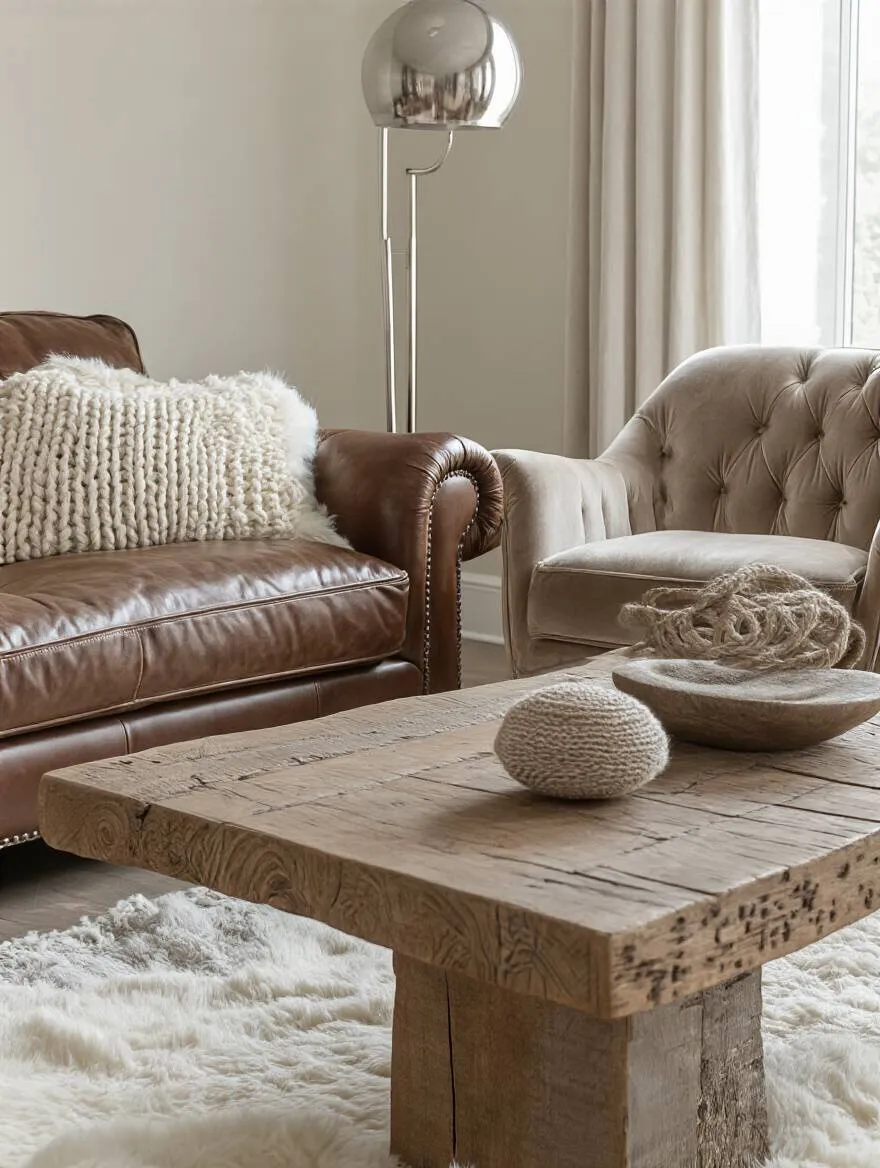 Living room corner featuring a smooth leather sofa, plush velvet armchair, chunky knit cushions, rustic wood coffee table, and metallic floor lamp showcasing varied furniture textures