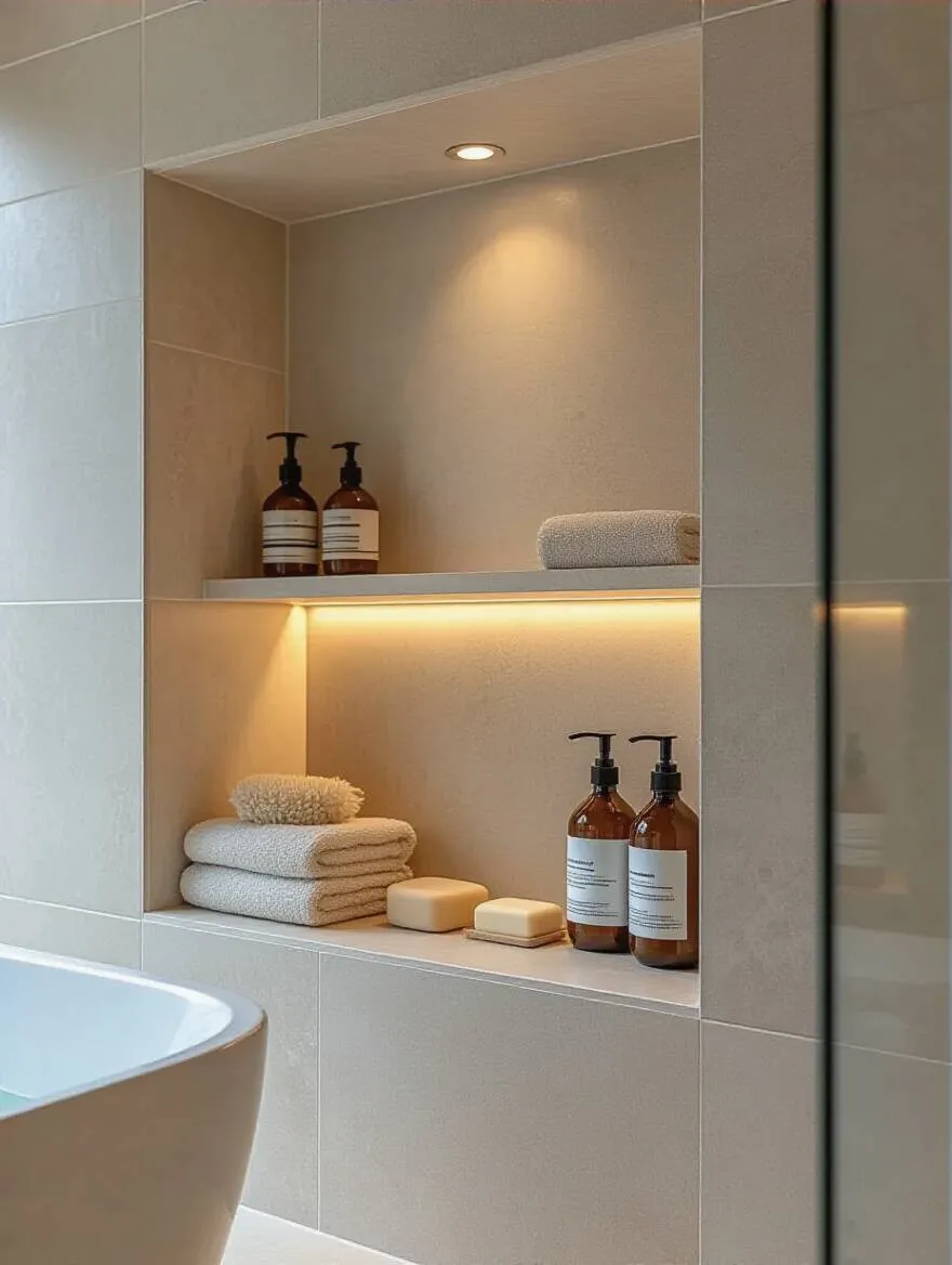 Minimalist bathroom with in-wall niche for shower product storage