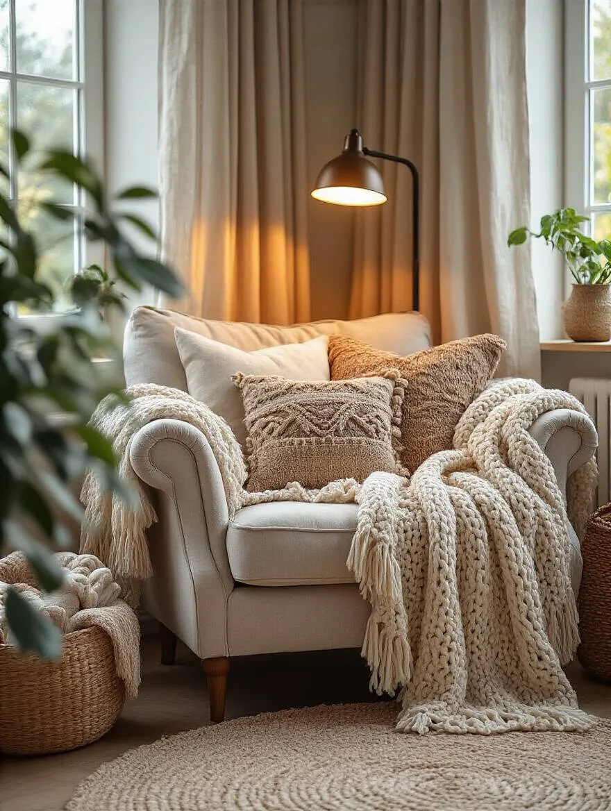 Cozy reading nook in a boho living room with a plush armchair and warm lighting.