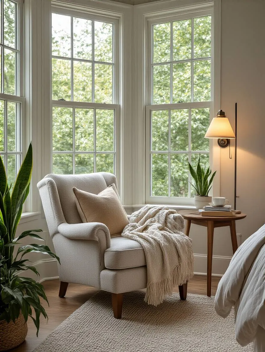 Cozy reading nook in a master bedroom with ergonomic armchair, layered lighting, and indoor plants