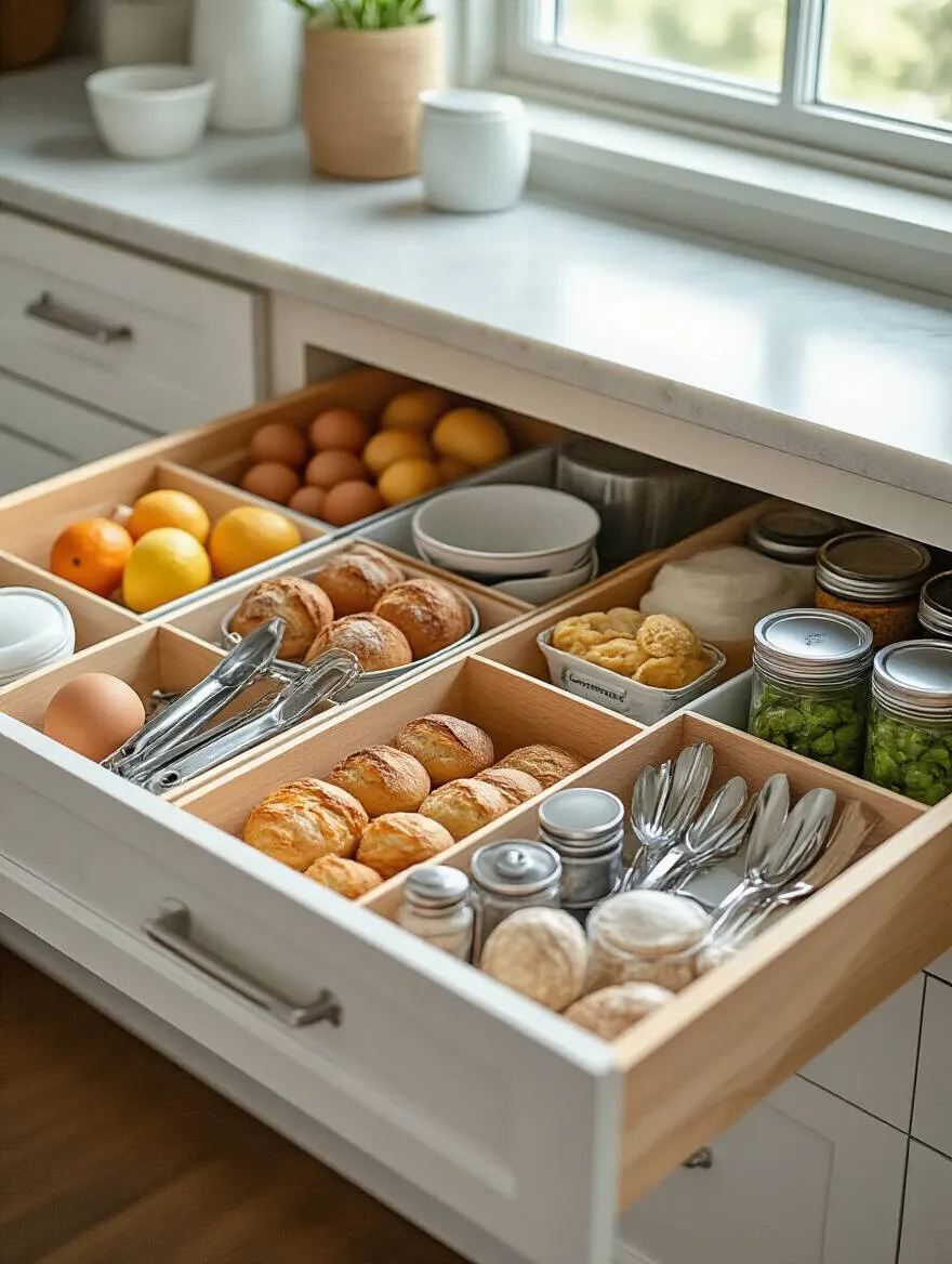 Top-down view of a neatly organized kitchen drawer with kitchen items categorized by function