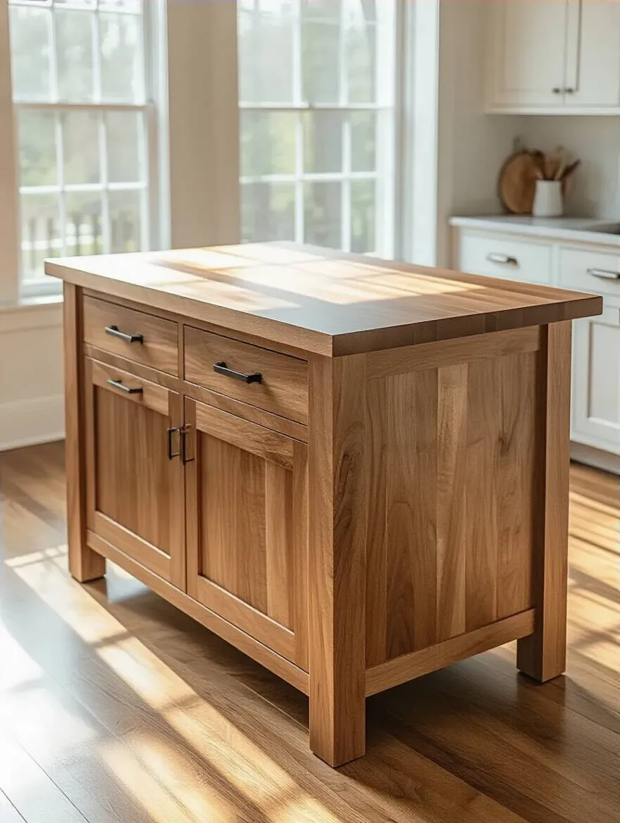 Close-up portrait of a wood kitchen island made from durable hardwood species with rich grain and smooth finish in a modern kitchen