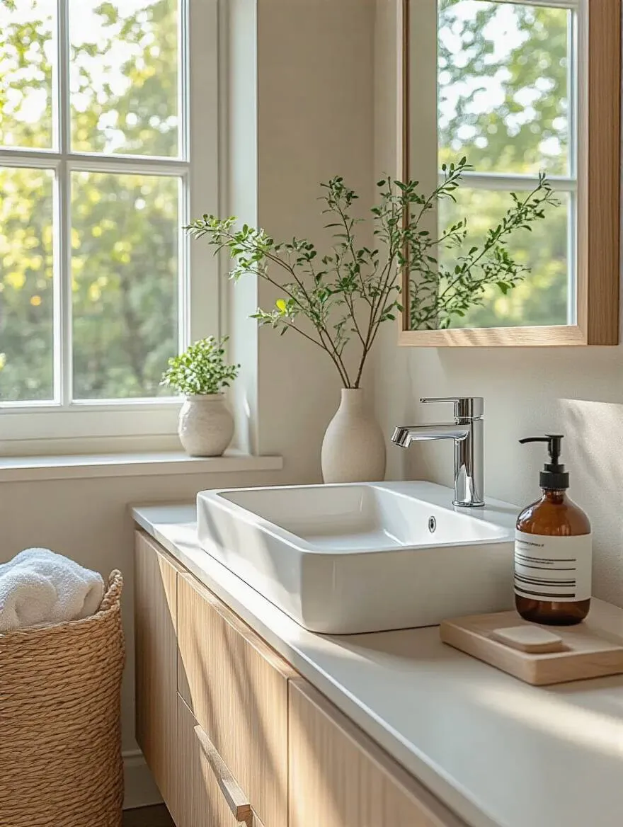 A minimalist bathroom showcasing a seamless integrated sink with a clean countertop.