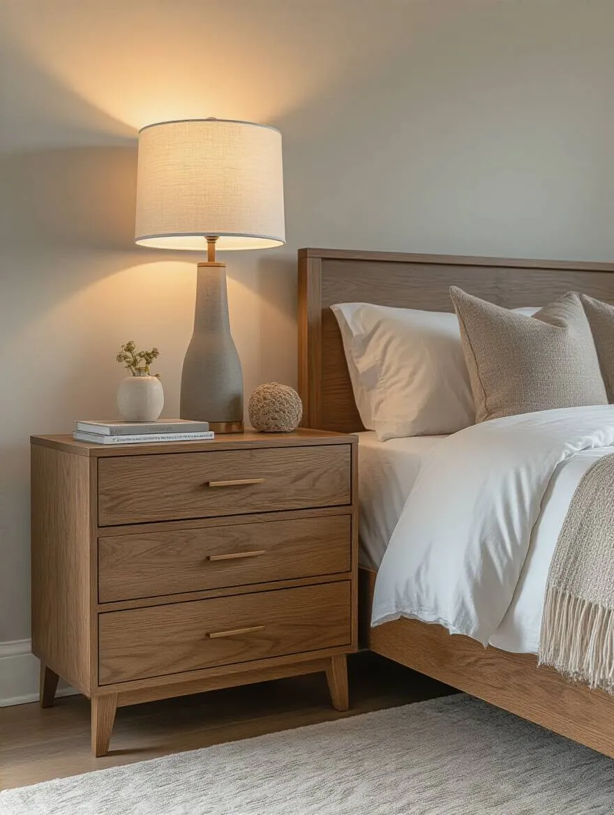 Stylish bedroom with multi-purpose nightstand featuring drawers and hidden compartments.
