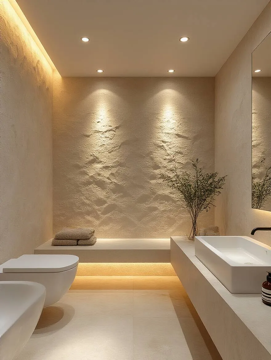 Minimalist bathroom with targeted lighting highlighting architectural features