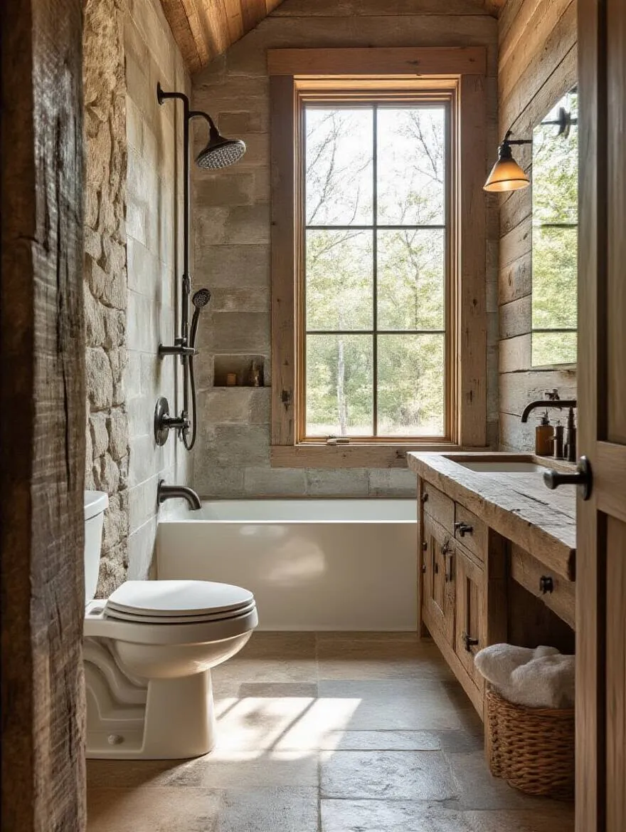 Rustic bathroom with water-saving fixtures in oil-rubbed bronze