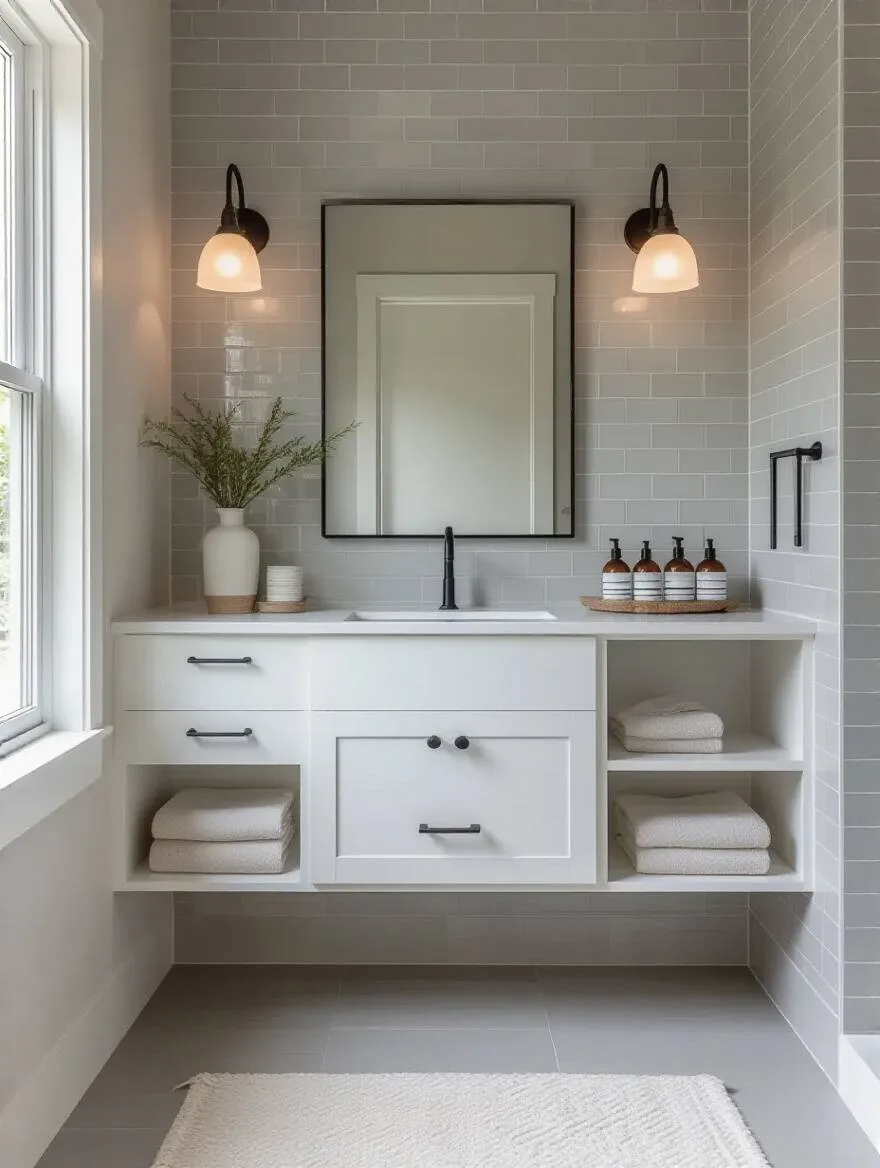 Modern minimalist bathroom interior with cohesive decor theme including floating vanity and grey subway tiles