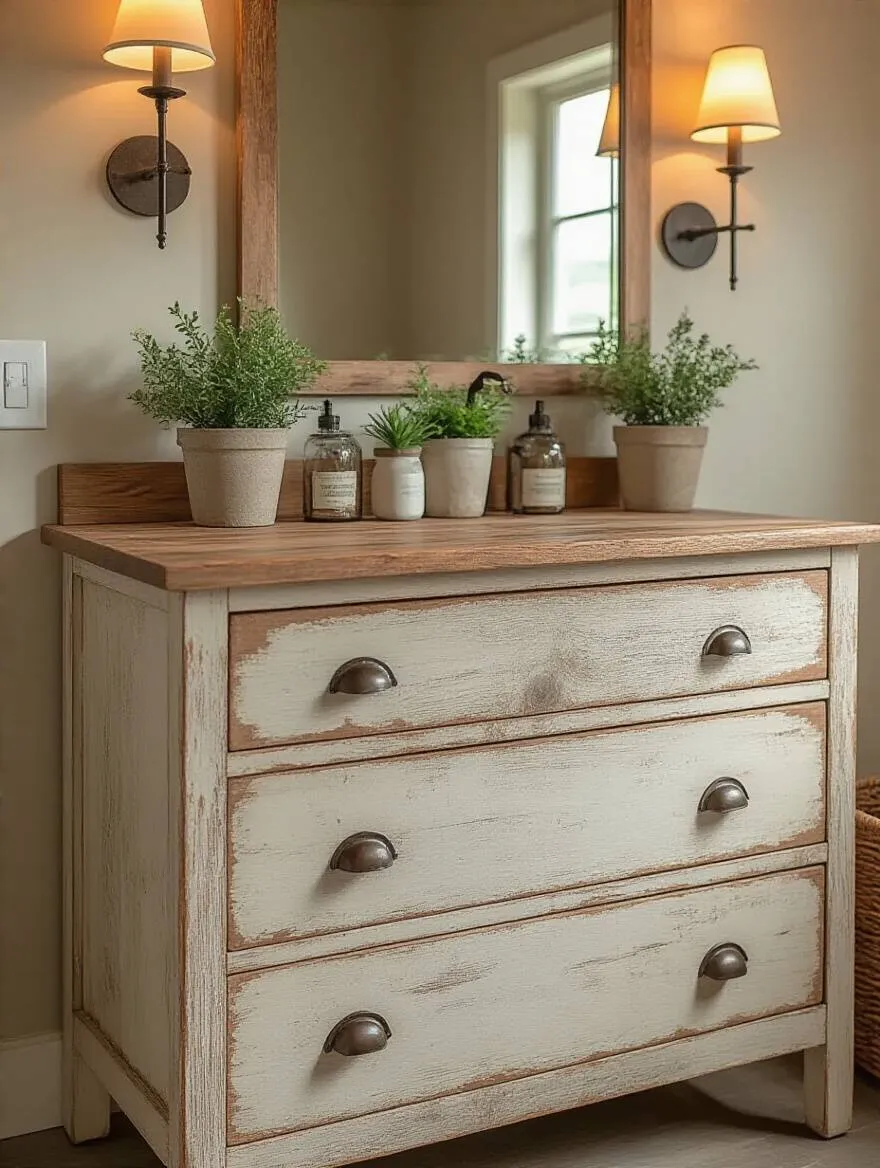 A rustic bathroom featuring a distressed wood vanity surrounded by warm decor.