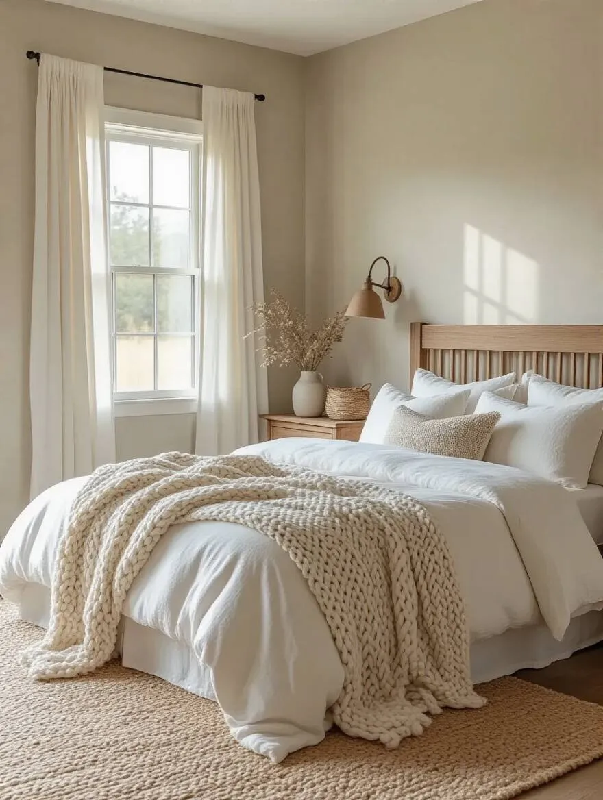 Farmhouse bedroom with serene neutral color palette featuring soft greige walls, white linen bedding, and natural wood furniture in soft natural light
