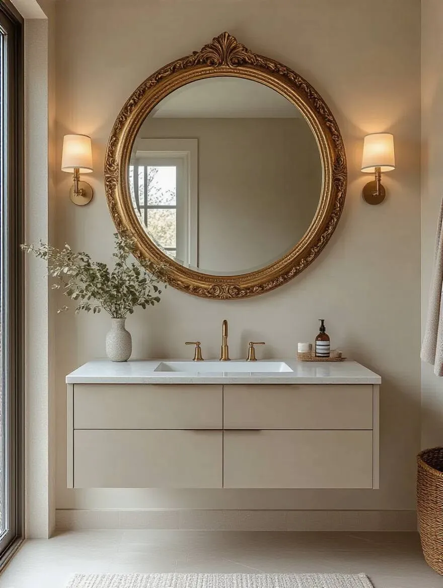 Modern bathroom with an ornate circular statement mirror reflecting natural and ambient light to expand visual space