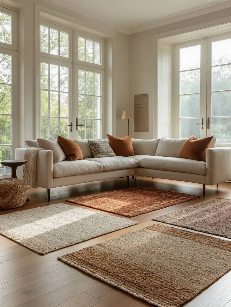 Luxurious living room showcasing various rug materials on hardwood floor